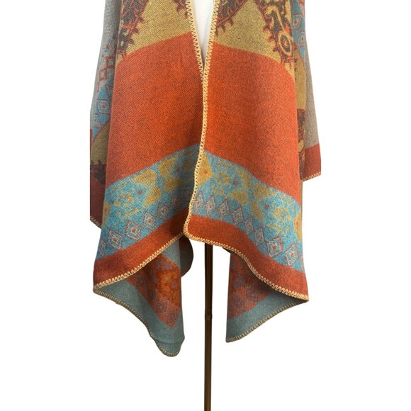 2/$30 Boho Style Poncho Blanket Shawl Abstract Patterns & Warm Tones - Picture 6 of 11